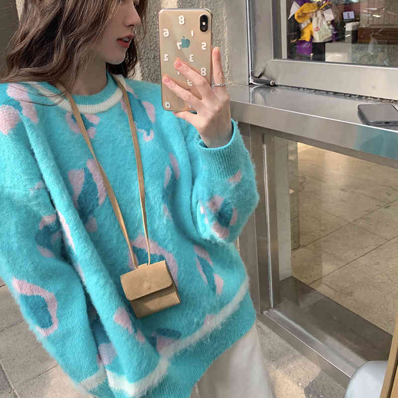 3Colors womens knitted Sweater Autumn and winter loose korean style female Leopard Sweaters and pullovers womens (C8200) 210423