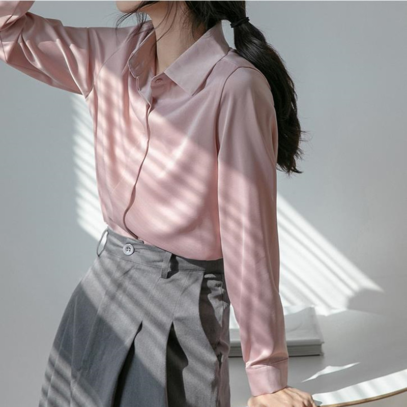 Spring Autumn OL Elegant Minimalist Satin Career Suit Shirt Women Chiffon Blouses Loose Lapel Long Sleeve Tops 210421