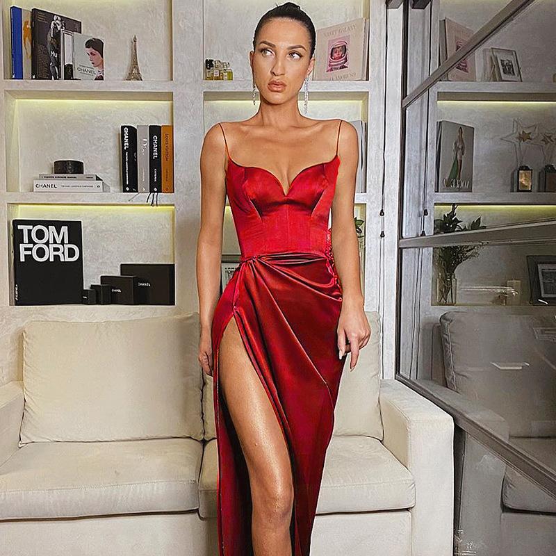 Casual Dresses Spaghetti Straps Black Sexy Backless Midi Gown Party Club Sleeveless Bodycon Split Dress Vestidos Solid AAA Discount for in-store purch