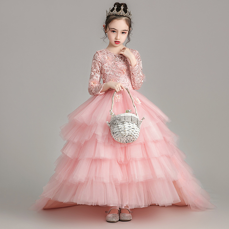 Ball Gown Toddler Girls Pageant Dresses Lace Appliqued Long Sleeves Flower Girl Dress Crystals Tulle First Holy Communion Gowns 403