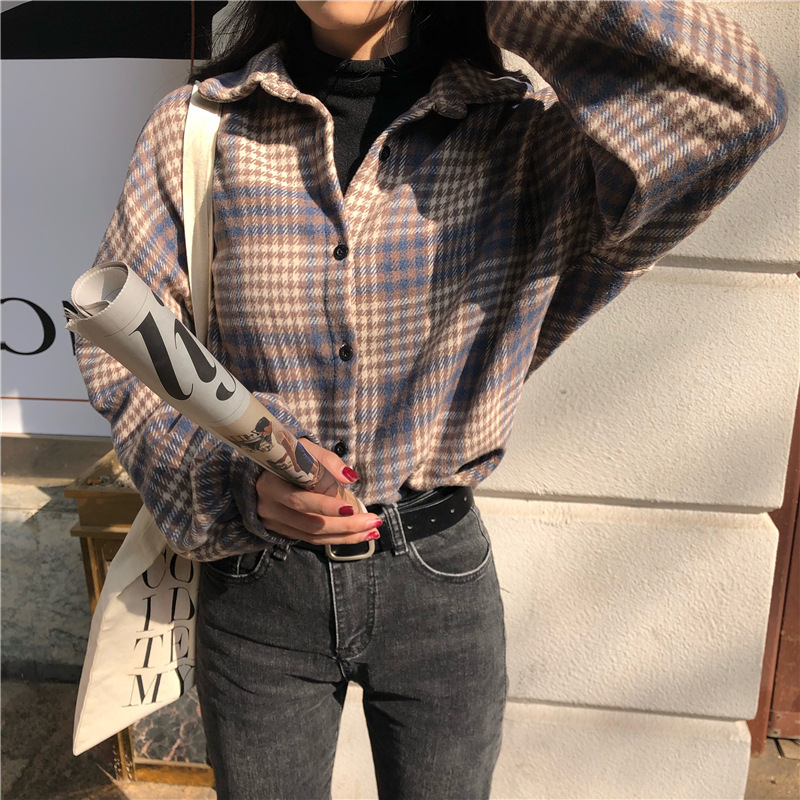 Shirt Women Jacket Loose Vintage Ladies Plaid Checked Button Up Collared Tops Spring Autumn Korean Chic Fashion New Blouses 210415