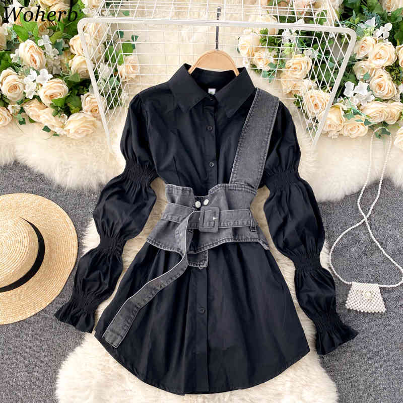 Blouse Women Puff Sleeve Turn-down Collar White Shirts Denim Sling Vest Tops Korean Fashion All-match Blouses Blusas 210519