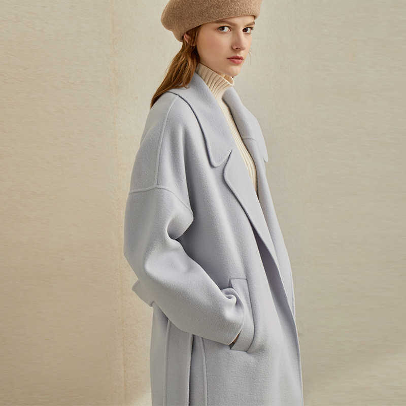 Winter Woolen Coat Women Fashion Solid Loose Lapel Belt Female Long Jackets 11980094 210527