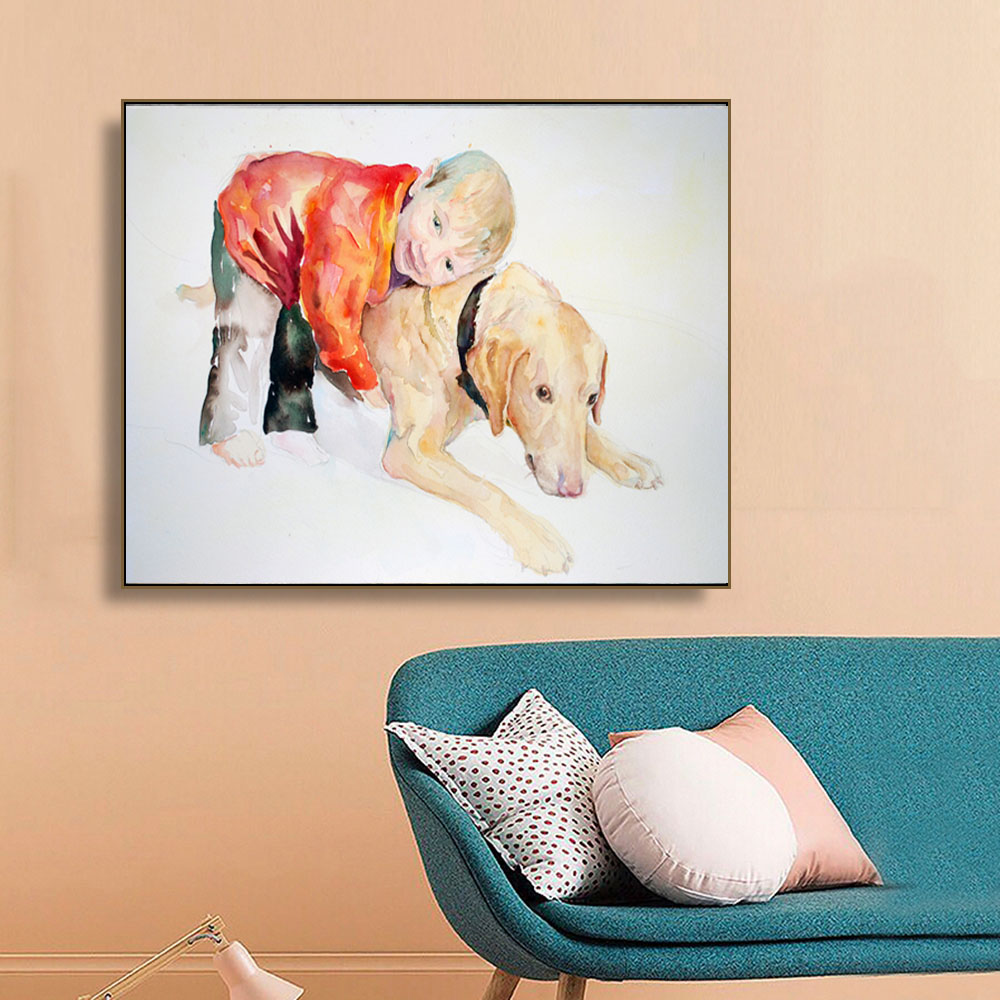 Abstract Canvas Print Poster Boy and Dog Playing Companion Wall Art Picture For Living Room Home Decor Canvas Painting No Frame