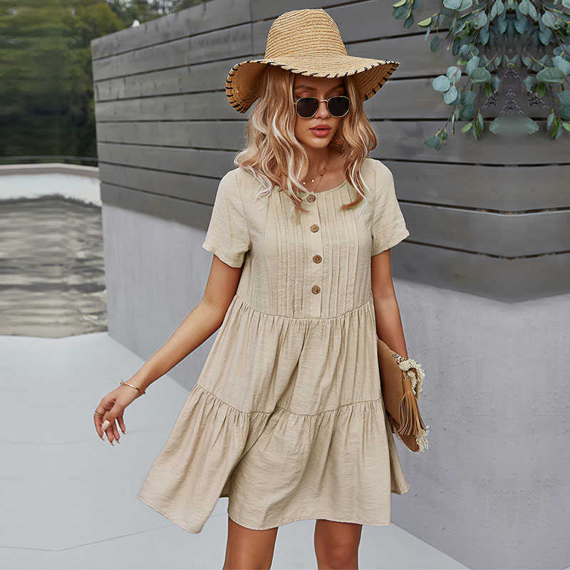 Spring Solid Short Dress Women Casual O Neck Button Summer Dress Ladies Loose Short Sleeve A Line Dresses 210630