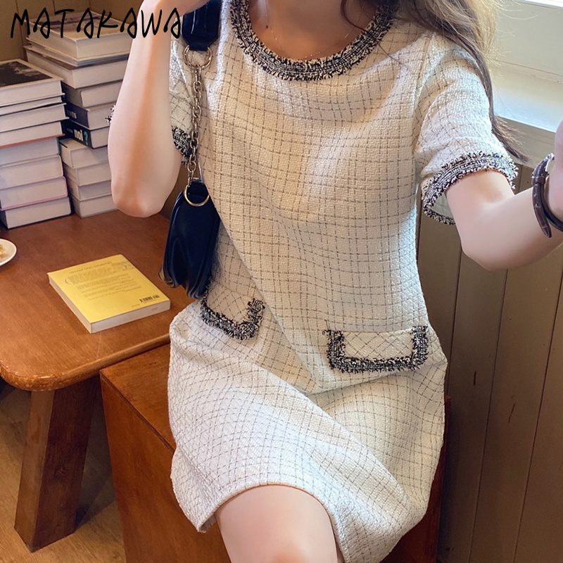 MATAKAWA Gold Silk Thread Woven Women Dress Plaid Loose Edging Robe Femme Short Sleeve Vestidos Elegant Round Neck Dresses 210513
