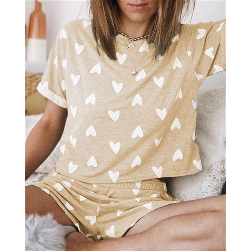 Women Casual Summer Sleep Heart Printed 2 Piece Set Outfits Ladies Homewear Female Lovely Pajamas Nightclothes Two Women's Tracksuits