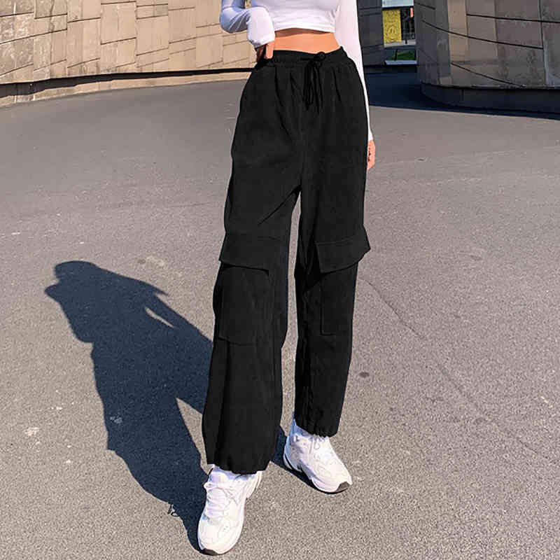 Corduroy Trousers Women's Spring Fashion High Waist Drawstring Large Pocket Casual Straight Pants Female 210427
