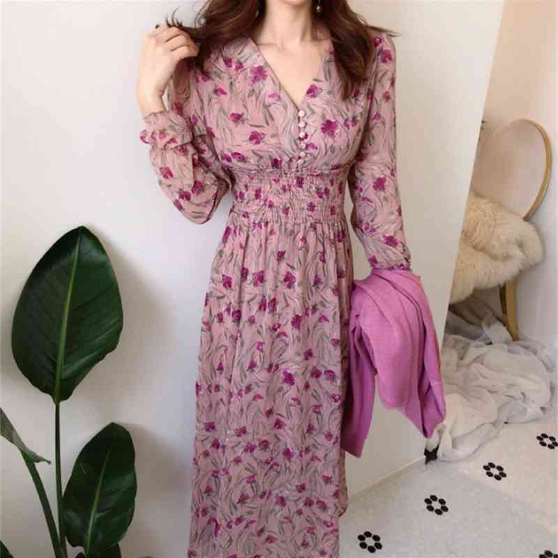Elegant V-Neck Floral Printed Women Dress Long Sleeve Female Chiffon Vintage Midi es Vestidos 210520