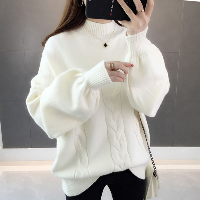 Women pullovers Sweater Solid turtleneck lantern sleeve knitted soft Autumn Winter Casual loose female coat 210524