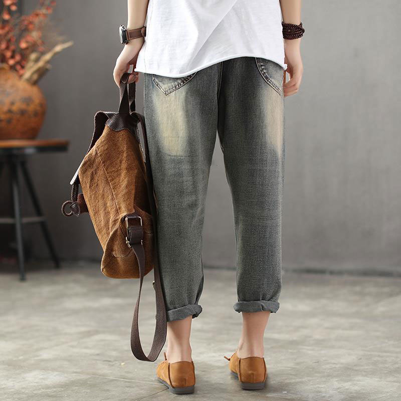 Spring Fashion Women Jeans Elastic Waist Loose Embroidery Cotton Denim Harem Pants Casual vintage Patched D109 210512
