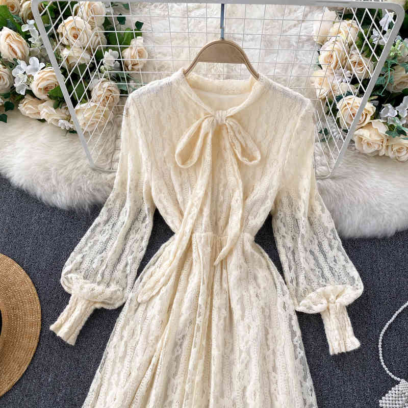 LoveFlowerLife Autumn Winter Bow Tie Long Sleeve Elegant Clothes Vestido Lady Fashion Lace Dress Women 210521