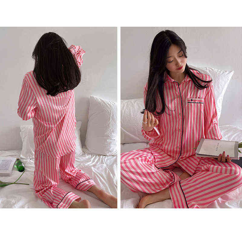 2 Piece Set Winter Pajama for Women Long Striped Elegant Sleepwear Pyjamas Satin Silk Lounge Pjamas Home Clothes Christmas Gift 211112wtt
