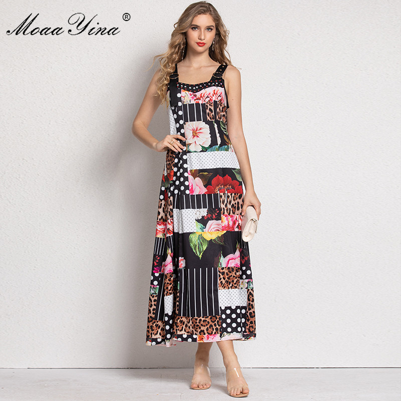 Fashion Dress Summer Women's dress spaghetti strap Beaded Floral Print Bohemia Vacation Maxi Dresses 210524