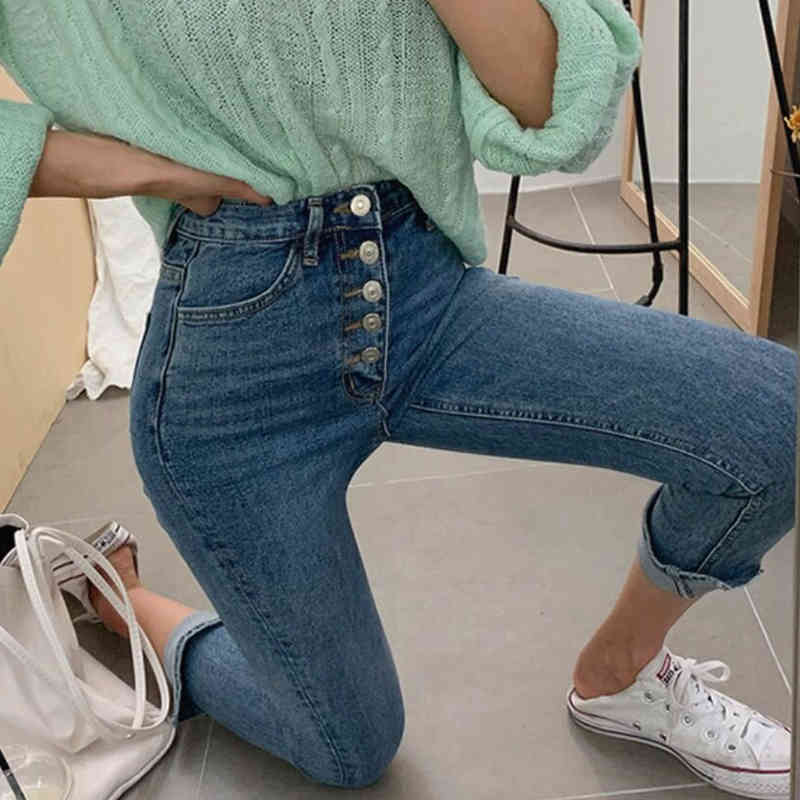 Korean Pencil Pants Pantalones Skinny High Waist Jeans Women Blue Slim Denim Ankle-length Trouser Ropa De Mujer 10407 210508