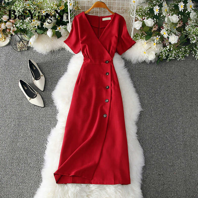 Beiyingni Office Ladies Dress Elegant Buttons Casual Slim Vintage Romance Party Women Dress Red Pink Yellow Vestidos Mujer 210630