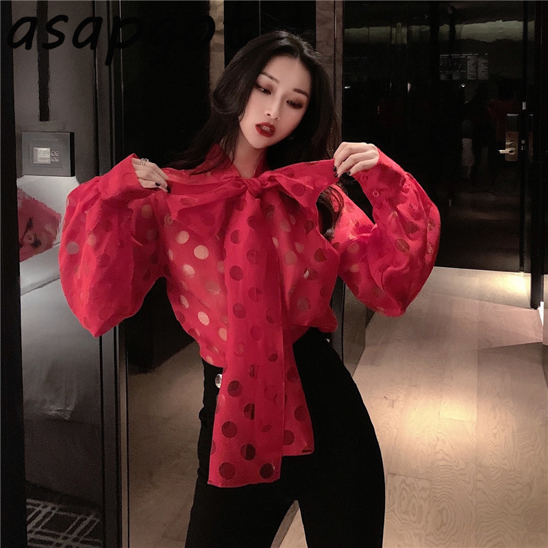 Transparent Retro Blouse Lantern Sleeve Red Polka Dot Bow Shirts Long Top Chic High StreetWear Loose Fashion Blusas 210429