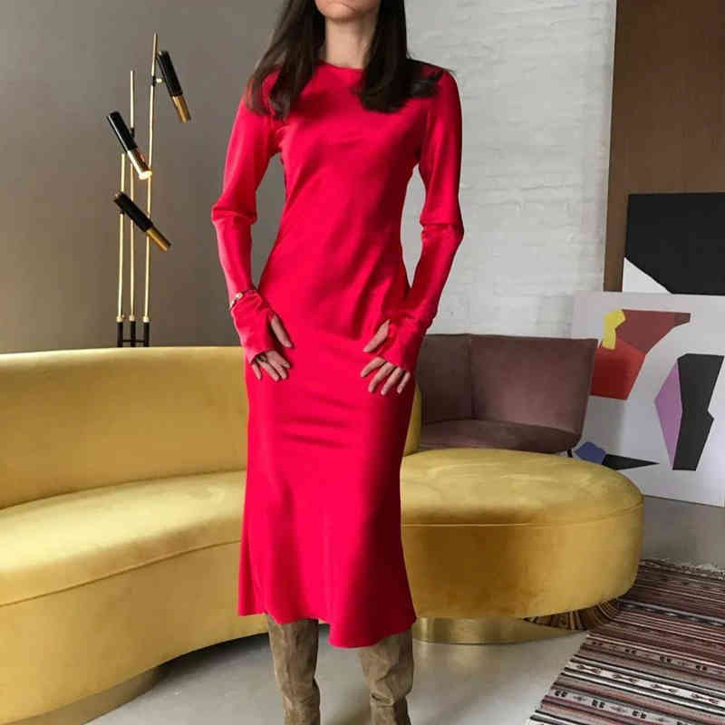 Women's New Solid Long Dress Ladies Satin Elegant Bag Hip Mermaid Party Dress Long Sleeve Fingerless O-Neck Fashion Woman Dress 210409