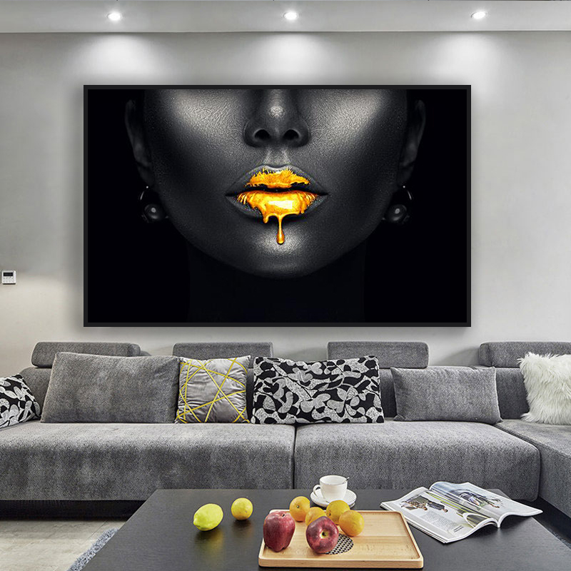 Gold Lips African Black Woman Canvas Paintings on The Wall Art Posters and Prints Black Face Pictures for Living Room Unframed