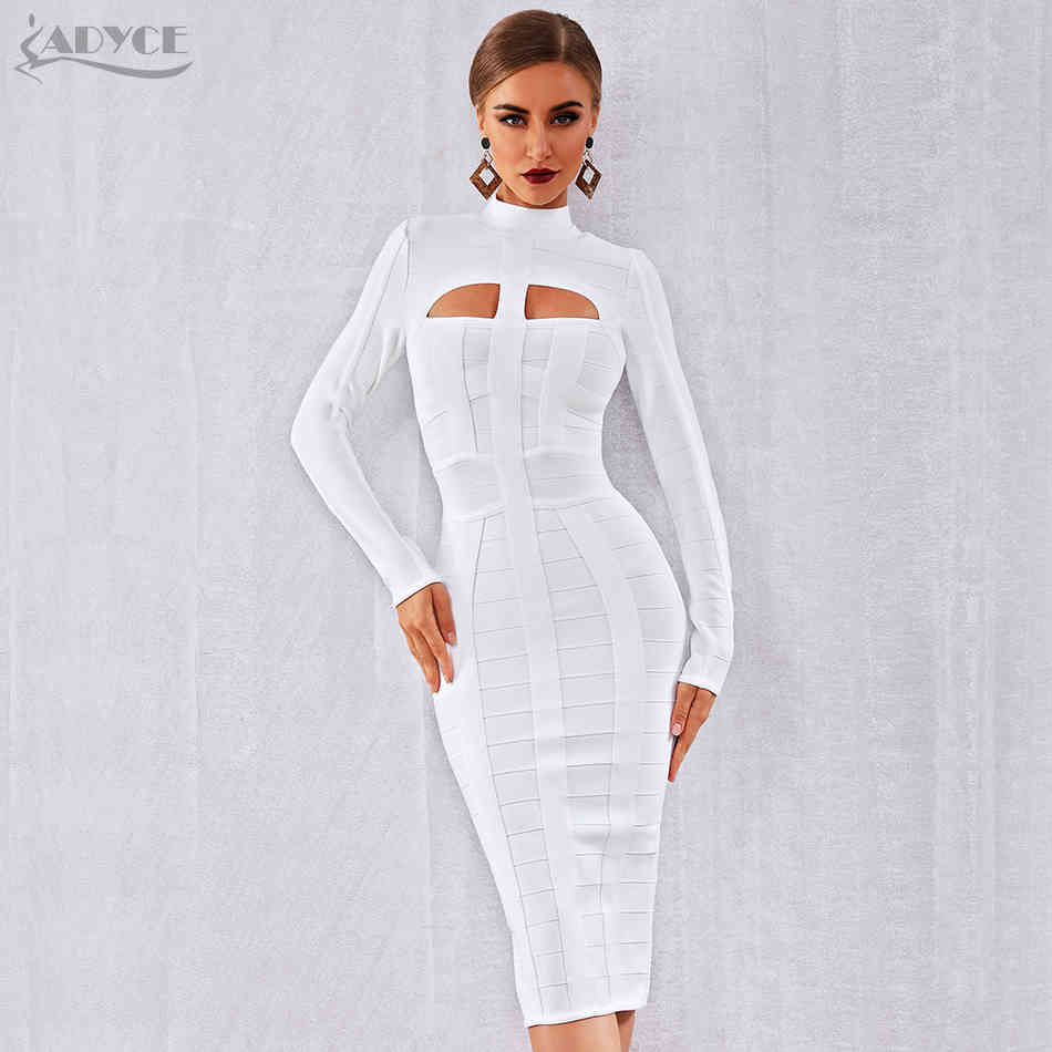 Autumn Women White Bodycon Bandage Dress Long Sleeve Sexy Hollow Out Club Celebrity Evening Party Vestidos 210423