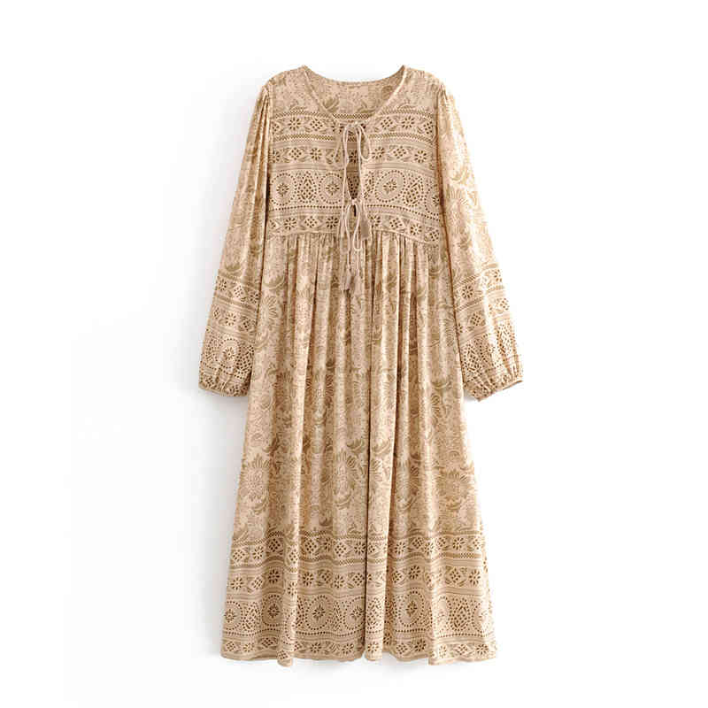 Chu Sau beauty Boho Floral Print Maxi Dress Women Holiday Fashion O-neck Bow Tassel Long Dresess Female Vestido De Moda 210508