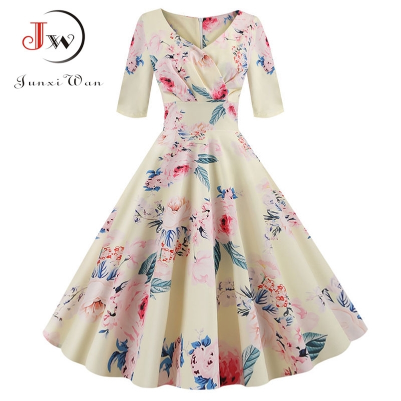 Women flower print Autumn dress Casual Winter half sleeve Elegant Vintage Robe femme plus size pinup office party vestidos 210623