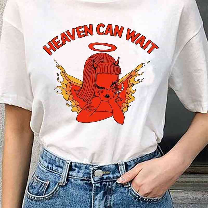 Kuakuayu HJN Cute Cherub Heaven Can Wait Angel Print Women Tshirt Cotton Casual Funny T Shirt Lady Yong Girl Top 210406