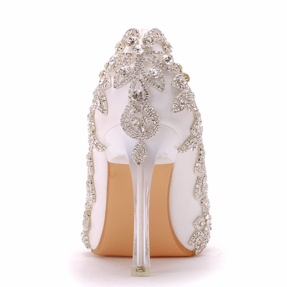 Sparkly Crystals Beaded White Leather Wedding Shoes For Bride Pointed Toe 9CM High Heels Bridal Prom Evening Pumps Stylish Elegant Women Accessories