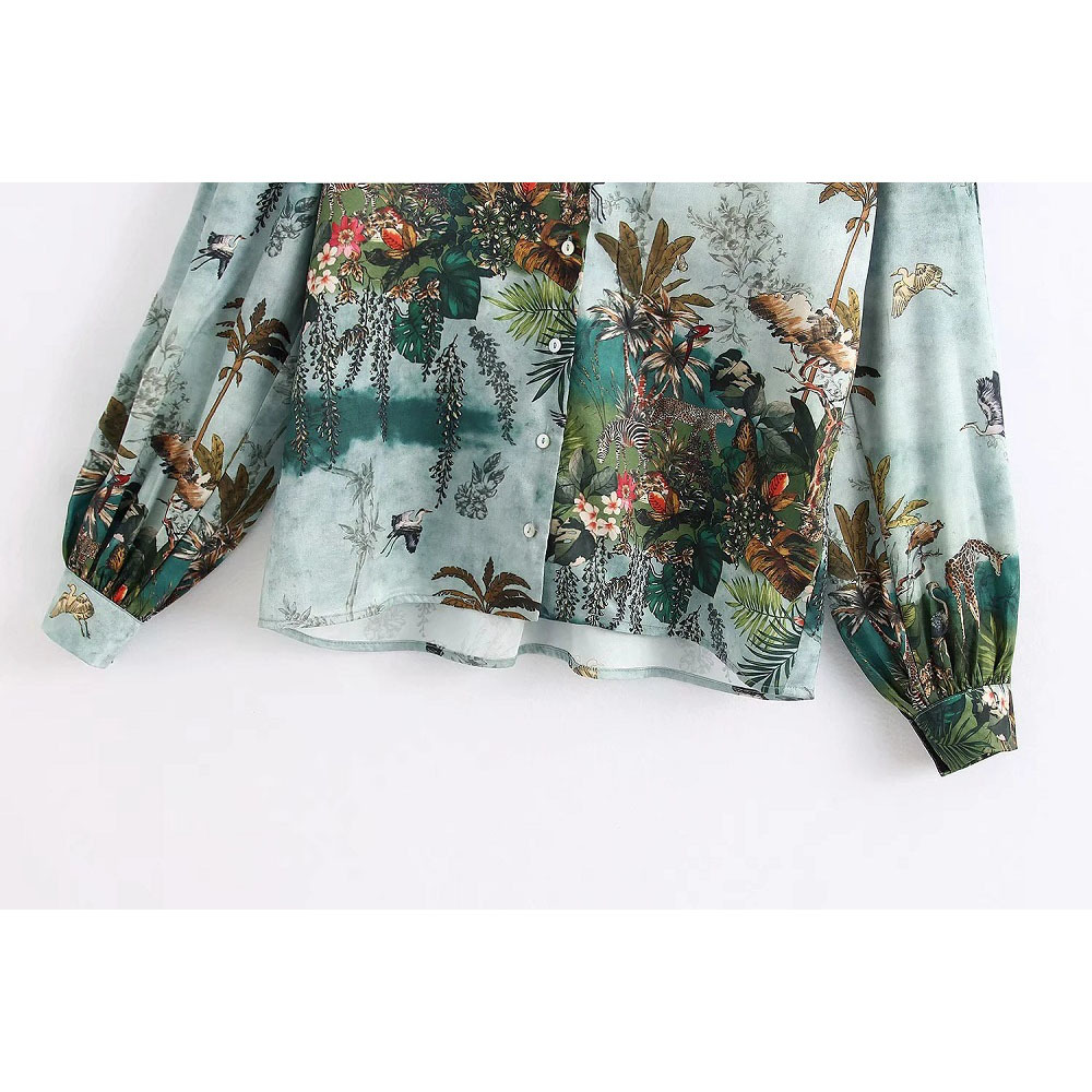 Vintage Animals Forests Print Blouse Women Fashion Turn-down Collar Shirts Elegant Ladies Chic Tops 210520