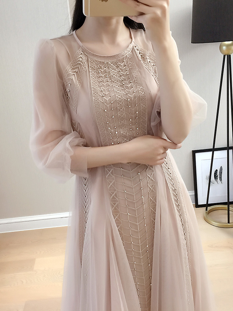 Spring Fashion Women Office Lady Mesh O-Neck A-line Dress Female Elegant High Waist Casual Midi Long Vestidos 210519