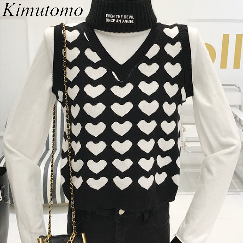 Kimutomo Heart Print Loose Knitted Vest Spring Preppy Style Chic Female V-neck Sleeveless Tops Outwear Casual 210521, Black
Kimutomo Heart Print Loose Knitted Vest Spring Preppy Style Chic Female V-neck Sleeveless Tops Outwear Casual 210521, Black