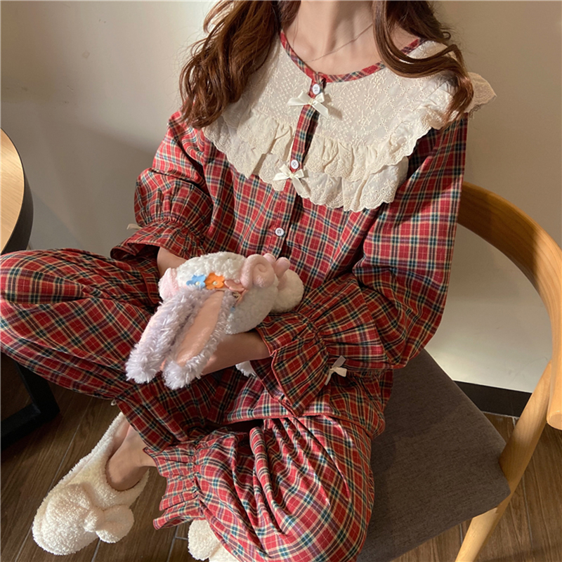 2021korean vintage plaid pajamas set women fashion ruffle sleepwear casual mori girls outwear home suit medieval flare sleeve s1025, Black;red
2021korean vintage plaid pajamas set women fashion ruffle sleepwear casual mori girls outwear home suit medieval flare sleeve s1025, Black;red