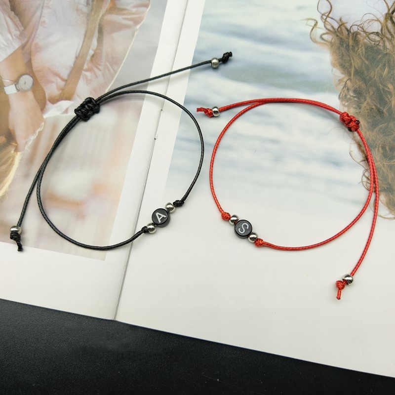 Handmade 26 Letter Bracelet Black Red Thread String Rope Women Men Initials Name Adjustable Bracelets Statement Couple Jewe
