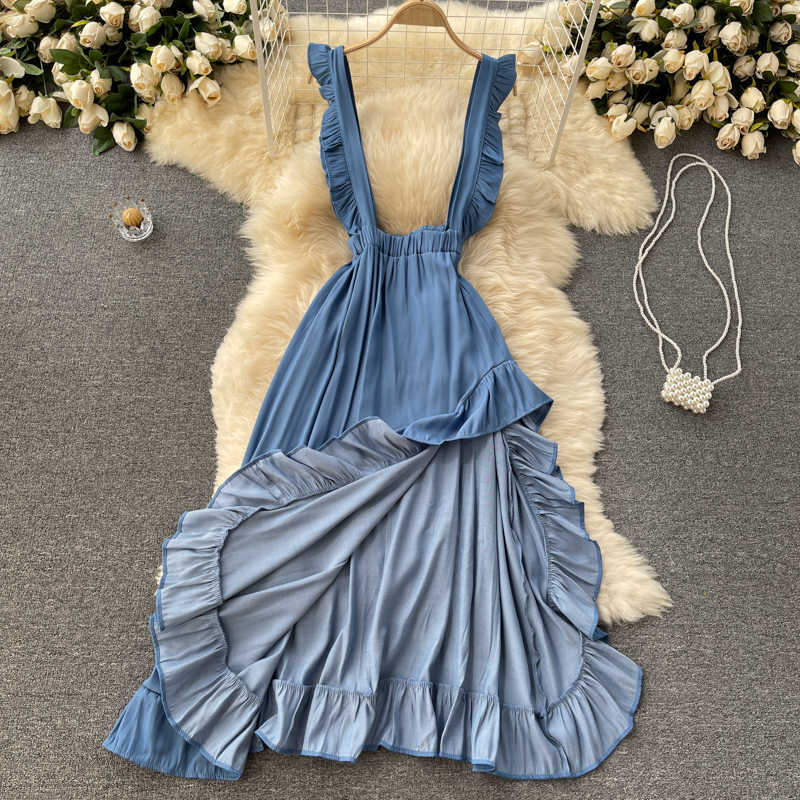 DEAT Women Ruffles Asymmetrical Strap Dress Sleeveless Arrivals Lady Temperament Fashion Spring Summer 11D568 210709