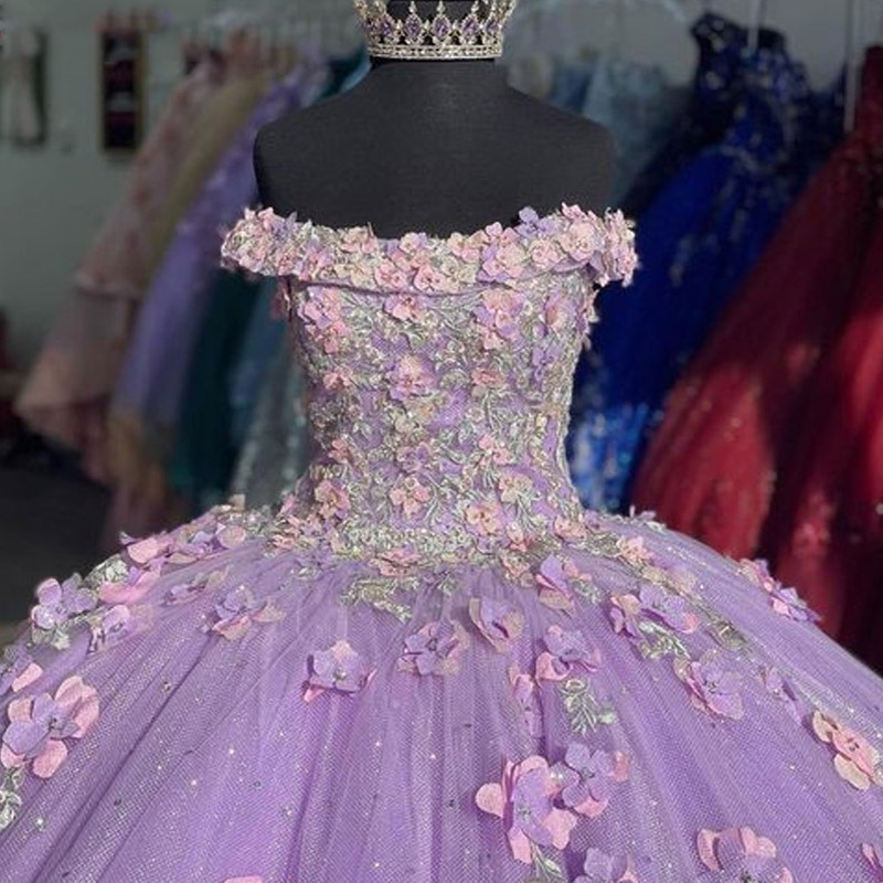 Quinceanera Fanshao Dress Lilac Lace Appliques Rhie Off The Shoulder For Girls Ball Formal Gowns Exqusite Vestido