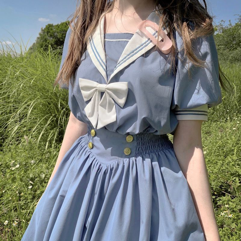 Harajuku Sailor Collar Navy Dress Japanese Lolita Sweet Bow-knot Girl Retro Cotton Kawaii Preppy Style Short Sleeve Dress Women 210331Z
