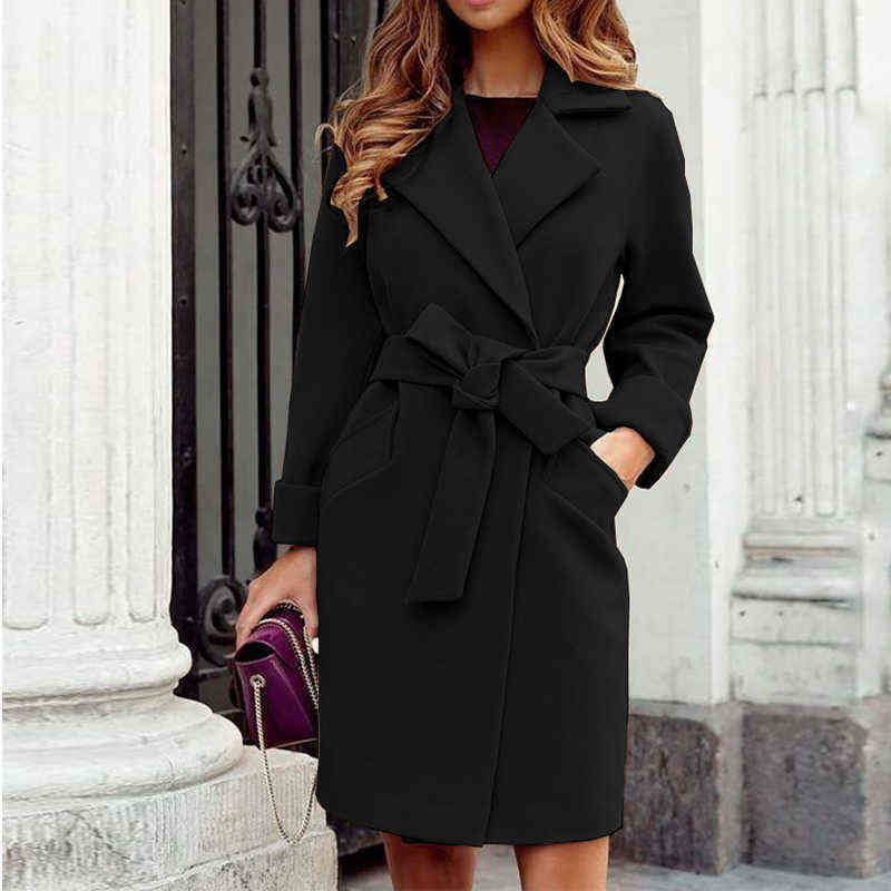 Autumn Office Turn-down Collar Lady Overcoat Fashion Simple Pocket Solid Belted Cardigan Outwear Winter Long Sleeve Women Coats 211130