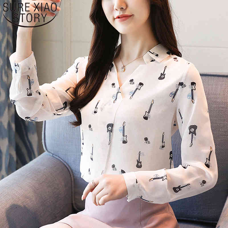 Fashion Elegant Long Sleeve Women Tops Autumn Loose Clothing V-neck Chiffon Slim Casual Blouses 5997 50 210510