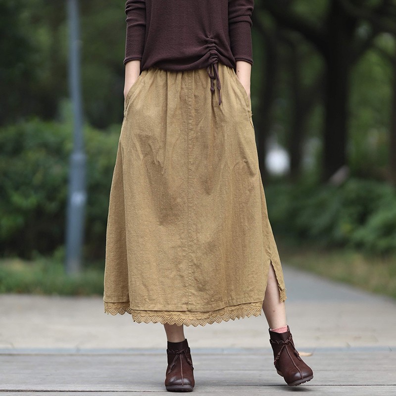 Spring Autumn Arts Style Women High Waist A-line Long Skirt All-matched Casual Patchwork Lace Cotton Linen Skirts M228 210512