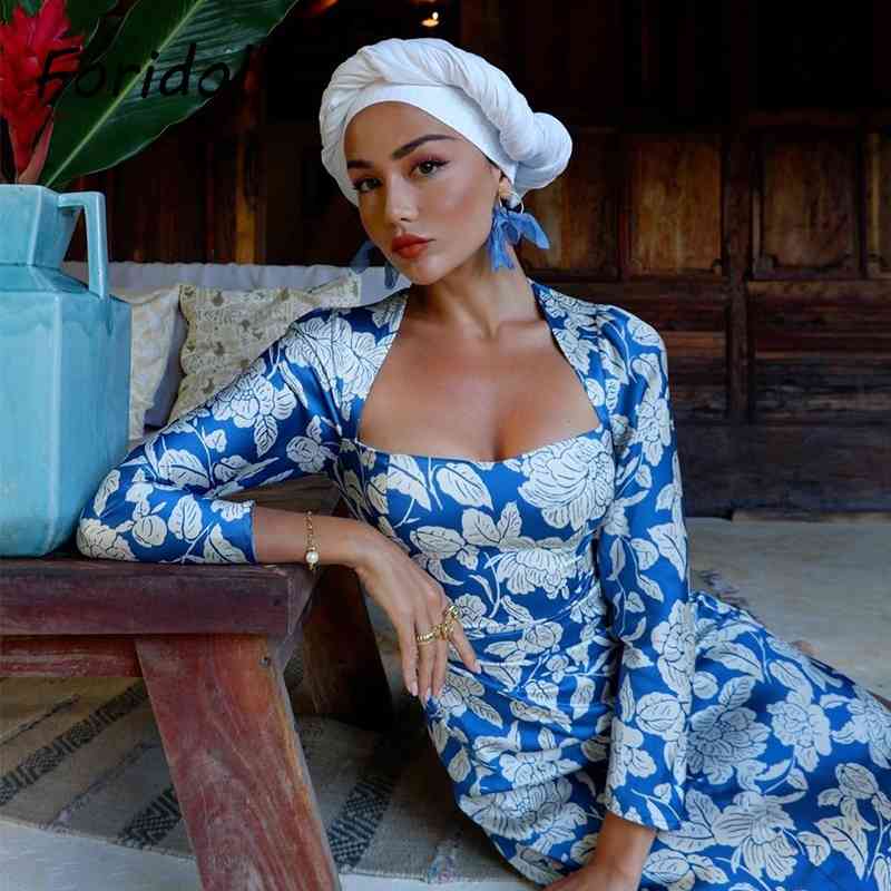 Foridol Floral Print Boho Spring Autumn Dress Women Long Sleeve Maxi Dress Vintage Blue Slit Long Beach Holiday Dress 210415
