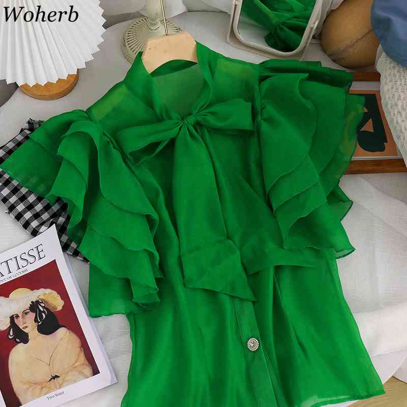Women Blouse Ruffles Short Sleeve Shirt Office Lady Solid Summer Korean Streetwear Blusas Mujer Fashion Tops Vintage 210519