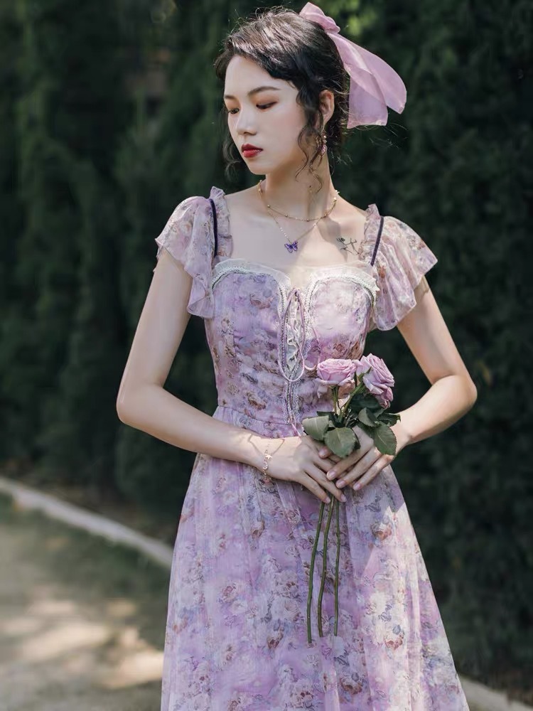 vintage midi pink dress sweet cute floral printed patchwork lace square collar sleeveless summer dresses party 210421