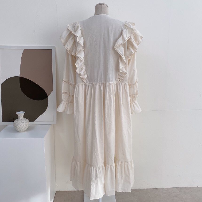 Nomikuma Korean V-neck Double Ruffle Dresses Lace Hollow-out Flare Long Sleeve Vestidos Spring New Causal Women Dress 6E128 210427
