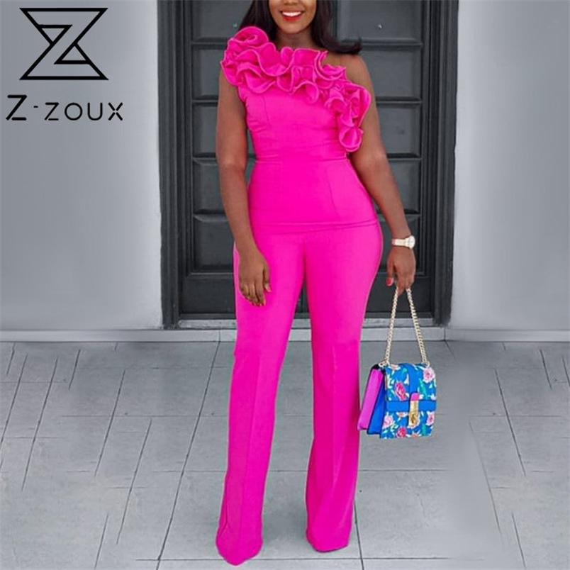 Women Jumpsuit Oblique Shoulder Ruffles Sleeveless Rompers Womens High Waist Wide Leg Long Woman 210513