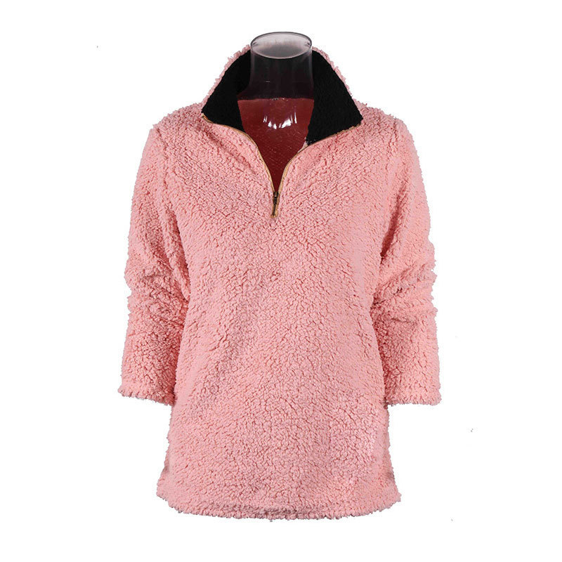 Women Autumn Long Sleeve Zipper Stand Collar Fleece Hoodies Solid Lamb Fur Sweatshirts Casual Pullovers Plush Coat 210428