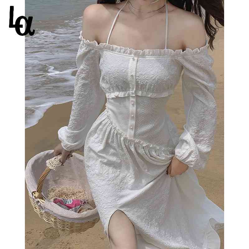 One Shoulder White Strap Dress Women Long Sleeve Elegant Beach Party Piece Korean Summer Lace-up 210519, As picture
One Shoulder White Strap Dress Women Long Sleeve Elegant Beach Party Piece Korean Summer Lace-up 210519, As picture