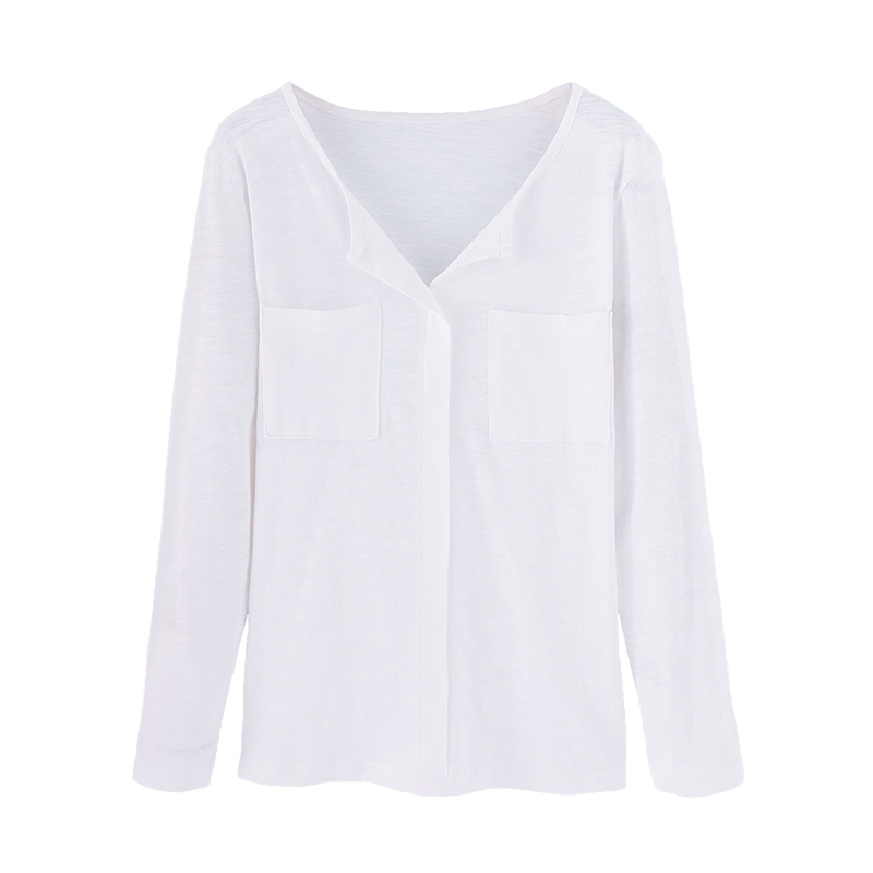 Autumn Korean style slub cotton long-sleeved t-shirt women's v-neck plus size loose bottoming shirt top 210510