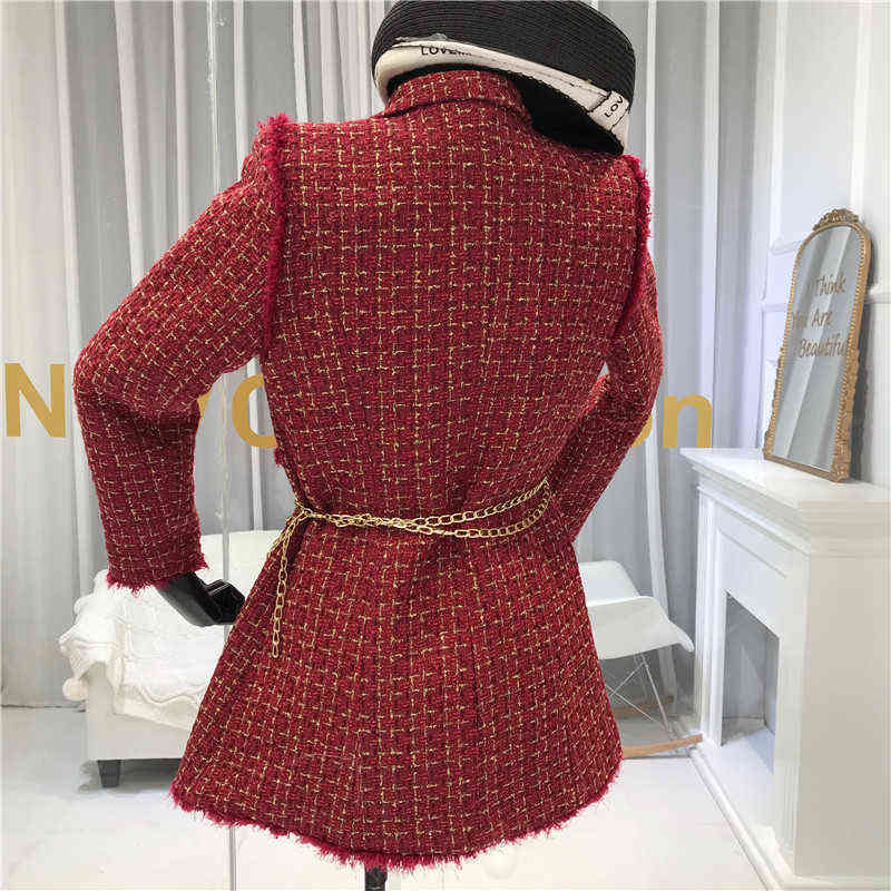 Gold thread Plaid Suit Coat Women Notched Double breasted Feather Tassel Trim Slim Tweed Jacket With Free Belt bag 211104