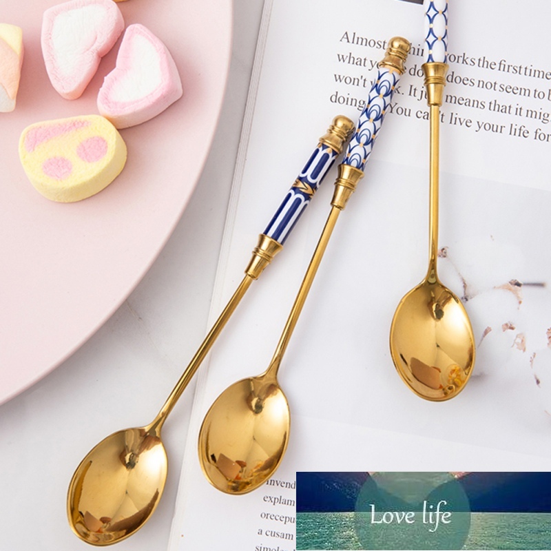 Elegant Stainless Steel Coffee Spoons Ceramic Long Handle Spoon Stirring Spoons Gold-plated Dessert Food-grade New