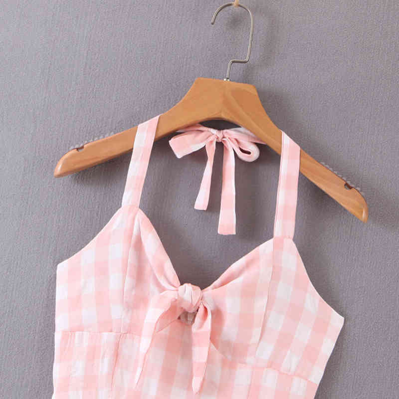 beauty Sweet Chic Pink Plaid Women's Strap Midi Dresses Holiday Style Bow Beachwear Lady's Off Shoulder Party Dress 210514